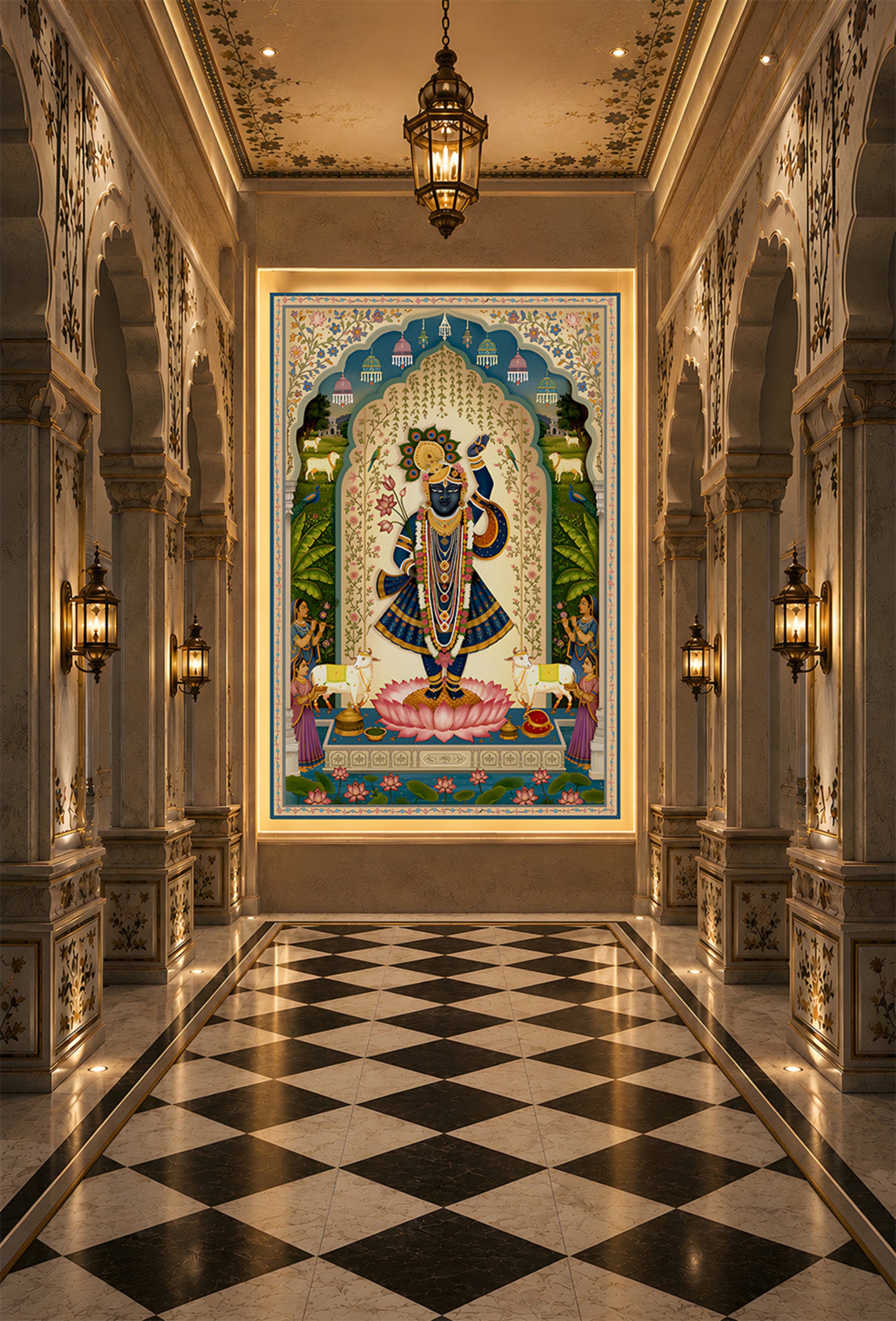 Traditional Pichwai-inspired mural wallpaper featuring Lord Krishna standing on a pink lotus beneath an ornate floral arch, surrounded by peacocks, sacred cows, and botanical motifs, displayed in a luxurious palace-style hallway.