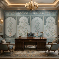 Persian Floral Panels wallpaper in Vintage Blue featuring elegant arched botanical panels with delicate floral illustrations and ornate Persian-inspired borders, creating a sophisticated statement wall in a luxurious home office with classic wooden furniture and traditional décor.