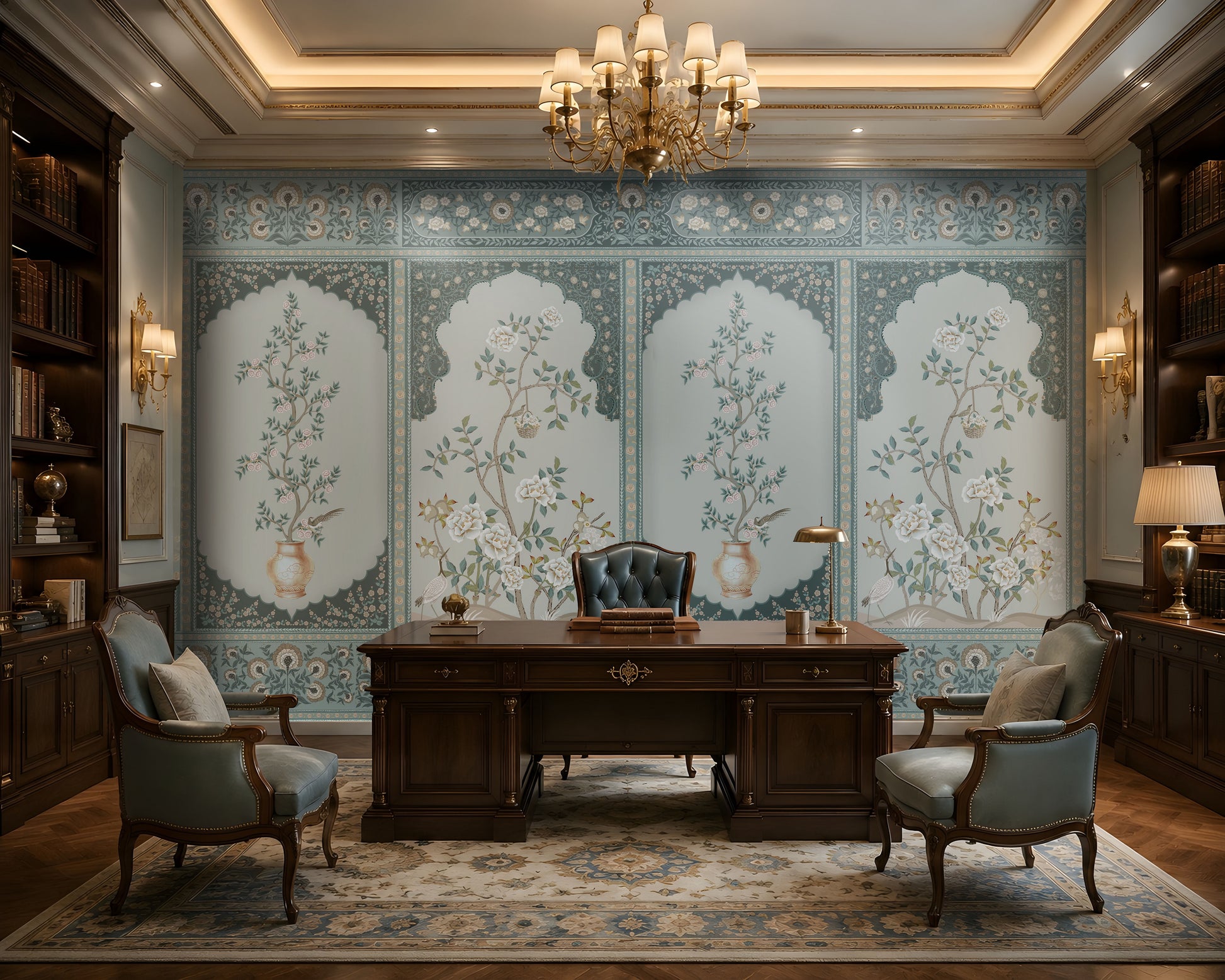 Persian Floral Panels wallpaper in Vintage Blue featuring elegant arched botanical panels with delicate floral illustrations and ornate Persian-inspired borders, creating a sophisticated statement wall in a luxurious home office with classic wooden furniture and traditional décor.