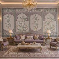 Luxury Persian Floral Panels wallpaper in Vintage Lilac featuring ornate arched floral panels, delicate botanical artwork, and traditional Persian-inspired motifs in an elegant classic living room.