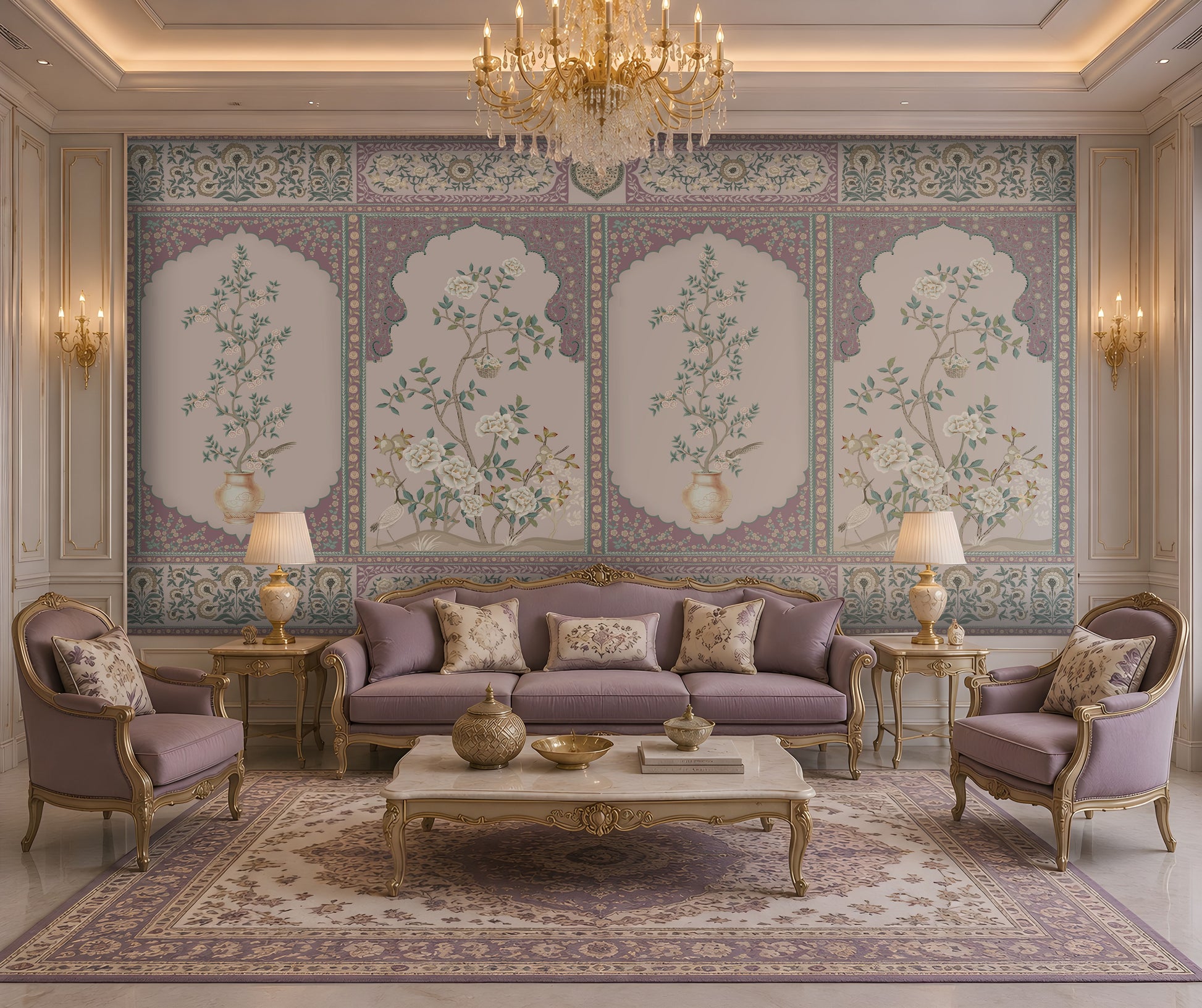 Luxury Persian Floral Panels wallpaper in Vintage Lilac featuring ornate arched floral panels, delicate botanical artwork, and traditional Persian-inspired motifs in an elegant classic living room.