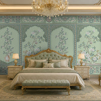 Persian Floral Panels wallpaper in Ivory Green featuring elegant arched botanical panels, delicate floral artwork, and intricate Persian-inspired borders in soft ivory, sage green, and muted blue tones, showcased in a luxurious classic bedroom with ornate gold-accented furniture and timeless décor.