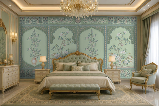 Persian Floral Panels wallpaper in Ivory Green featuring elegant arched botanical panels, delicate floral artwork, and intricate Persian-inspired borders in soft ivory, sage green, and muted blue tones, showcased in a luxurious classic bedroom with ornate gold-accented furniture and timeless décor.