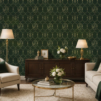 Elegant living room featuring dark emerald green wallpaper with an intricate geometric floral trellis pattern, complemented by cream upholstered seating, warm wood furniture, brass accents, and fresh white floral arrangements for a timeless, luxurious interior.