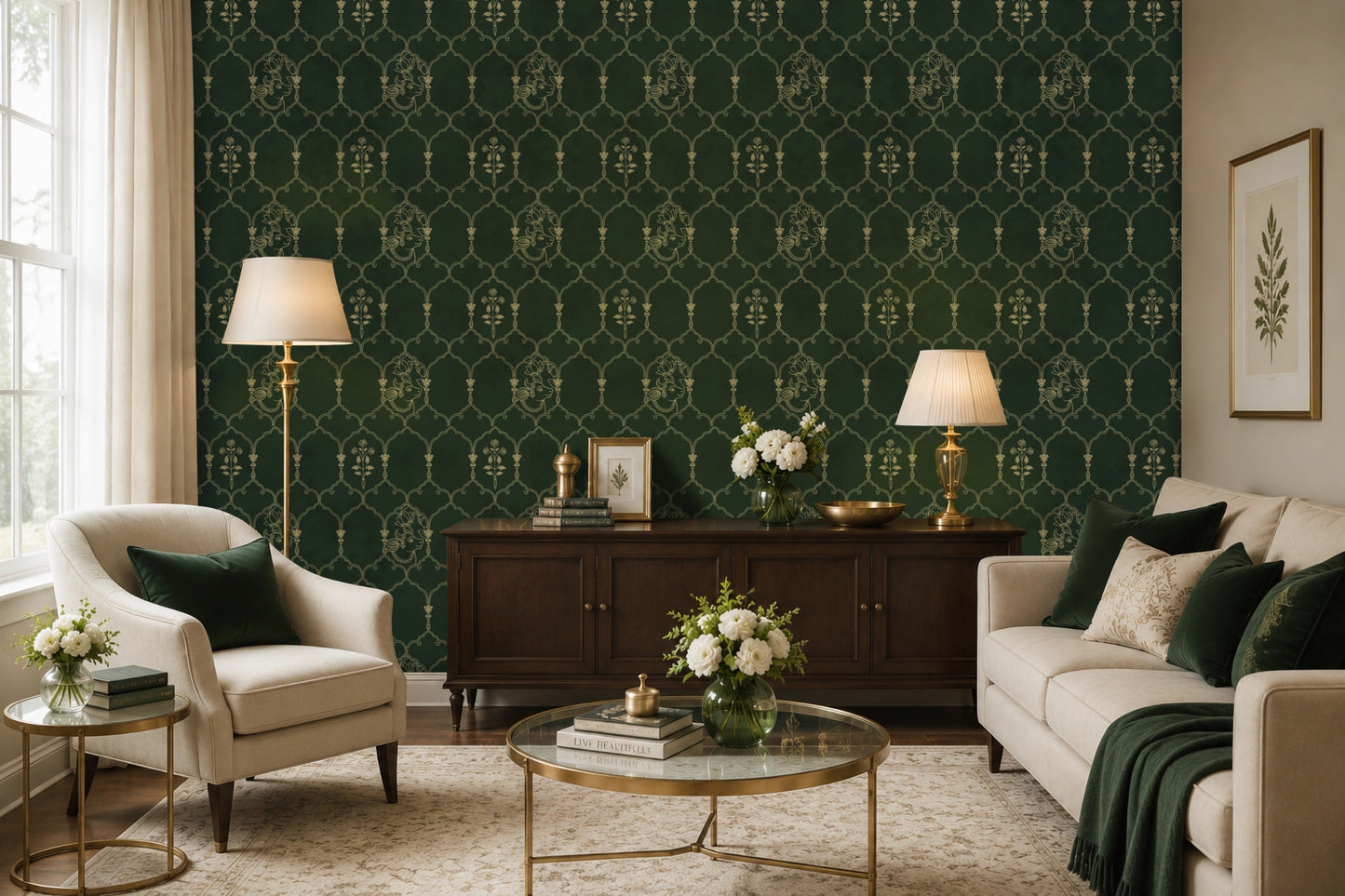 Elegant living room featuring dark emerald green wallpaper with an intricate geometric floral trellis pattern, complemented by cream upholstered seating, warm wood furniture, brass accents, and fresh white floral arrangements for a timeless, luxurious interior.