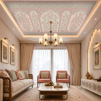 Gulmohar – Blush Blossom ceiling wallpaper featuring delicate pink floral vines, birds, and Mughal-inspired panel motifs, installed in a luxurious living room with soft blush seating and elegant décor.