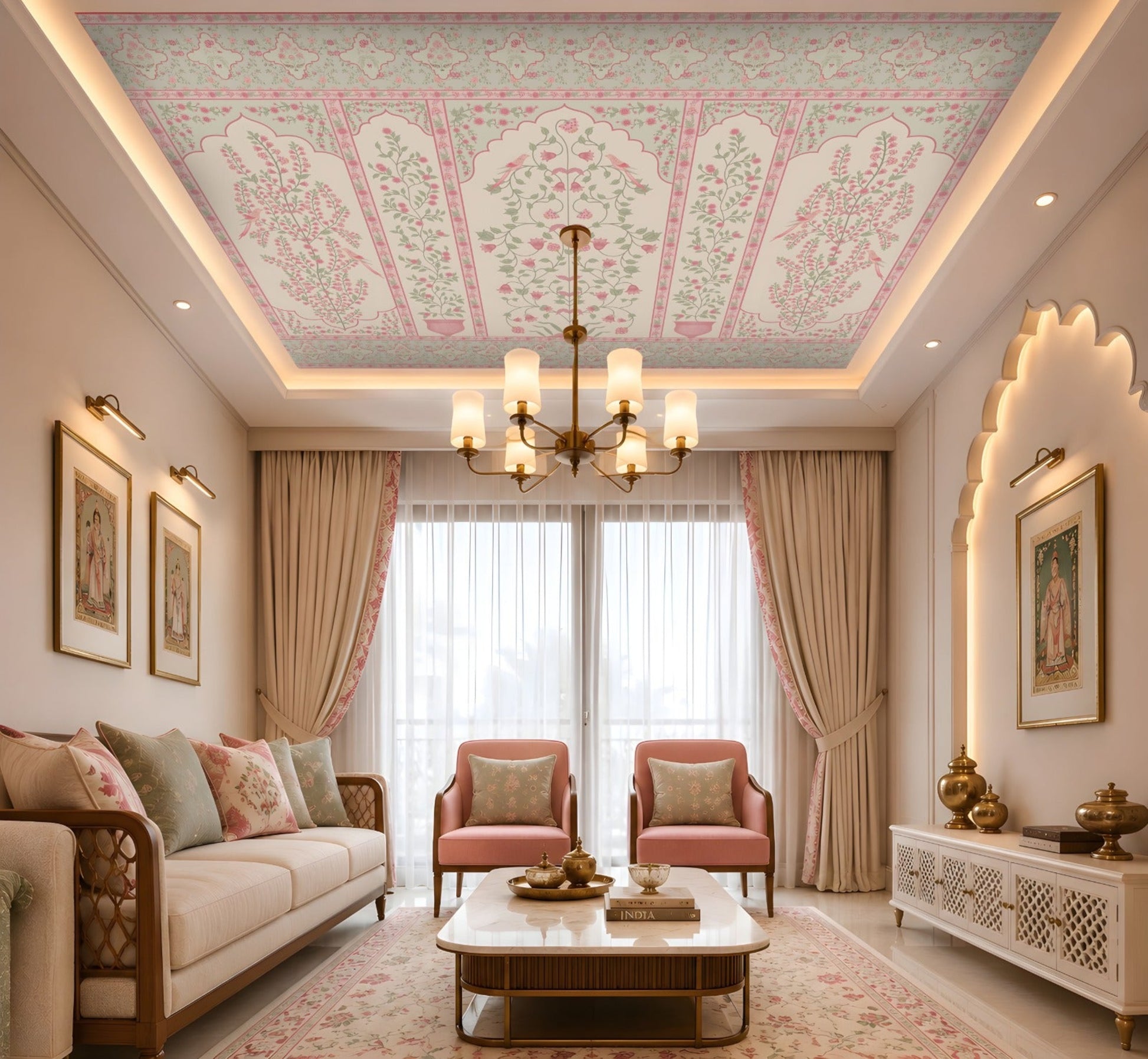 Gulmohar – Blush Blossom ceiling wallpaper featuring delicate pink floral vines, birds, and Mughal-inspired panel motifs, installed in a luxurious living room with soft blush seating and elegant décor.