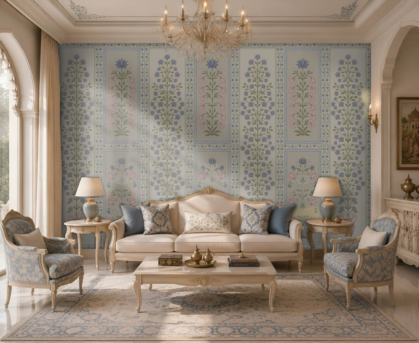 Luxury living room featuring the 1411_DA Imperial Floral Panel – Blue Blossom wallpaper with elegant blue floral panel motifs, soft botanical detailing, ornate borders, and a refined classic interior accented by ivory furniture and crystal chandelier.