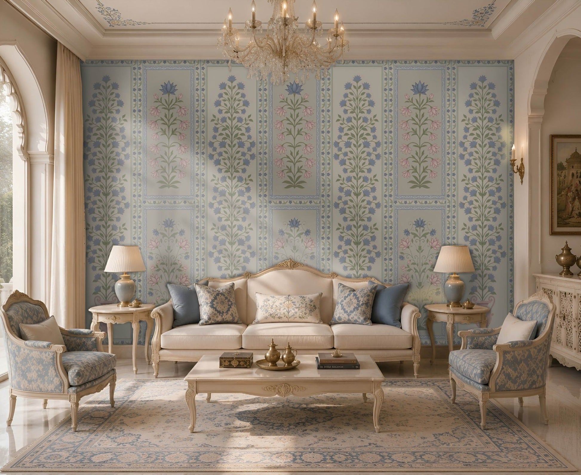 Luxury living room featuring the 1411_DA Imperial Floral Panel – Blue Blossom wallpaper with elegant blue floral panel motifs, soft botanical detailing, ornate borders, and a refined classic interior accented by ivory furniture and crystal chandelier.