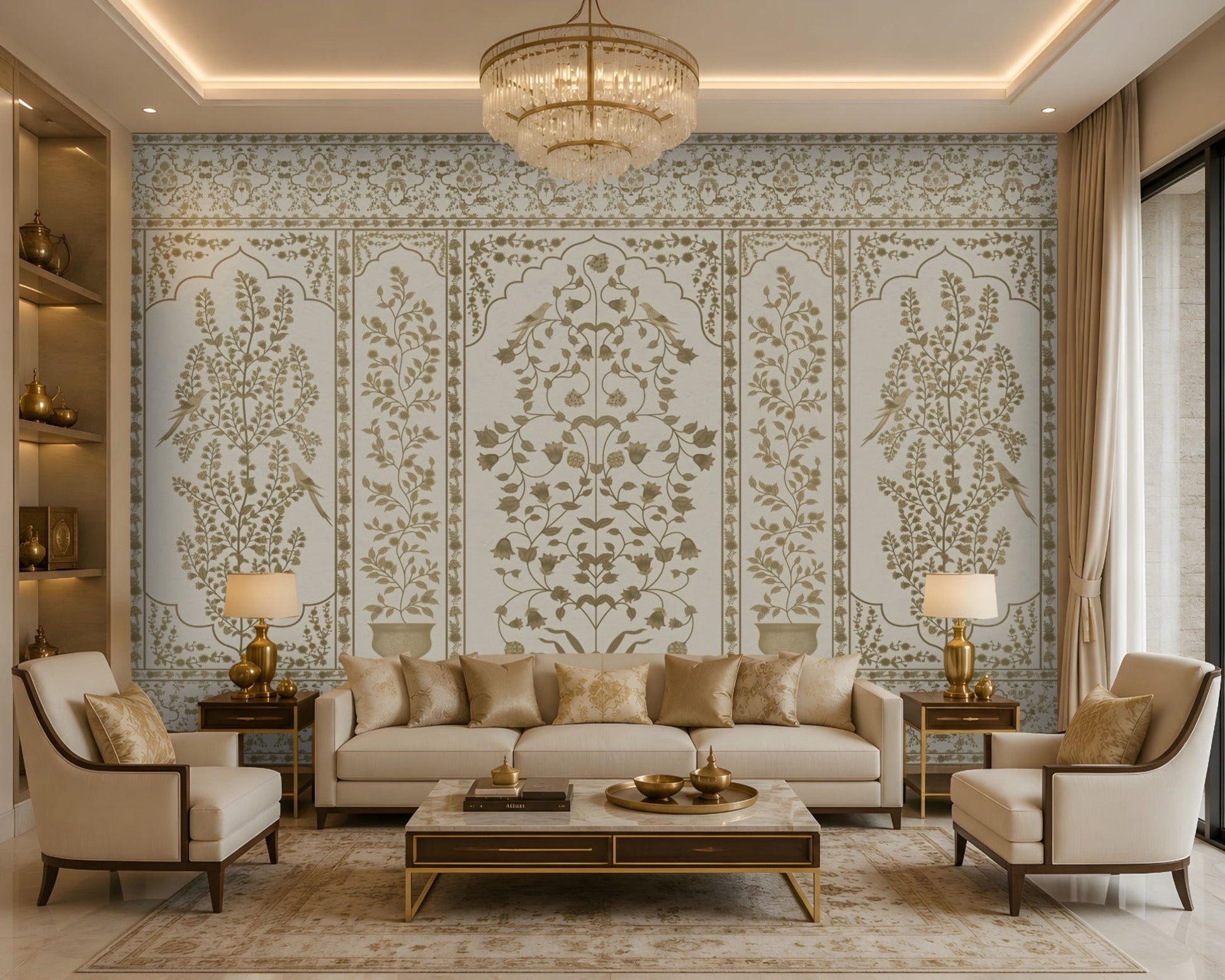 Elegant living room featuring a luxurious ivory and gold Gulmohar floral wallpaper with Mughal-inspired botanical panels and delicate bird motifs, creating a timeless Indian heritage interior with classic furniture, warm lighting, and sophisticated décor.