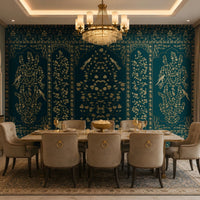 Luxurious dining room featuring a royal teal and gold Gulmohar floral wallpaper with Mughal-inspired botanical panels, delicate bird motifs, and ornate detailing. The elegant heritage design complements a marble dining table, upholstered chairs, crystal chandelier, and sophisticated Indian-inspired interiors.