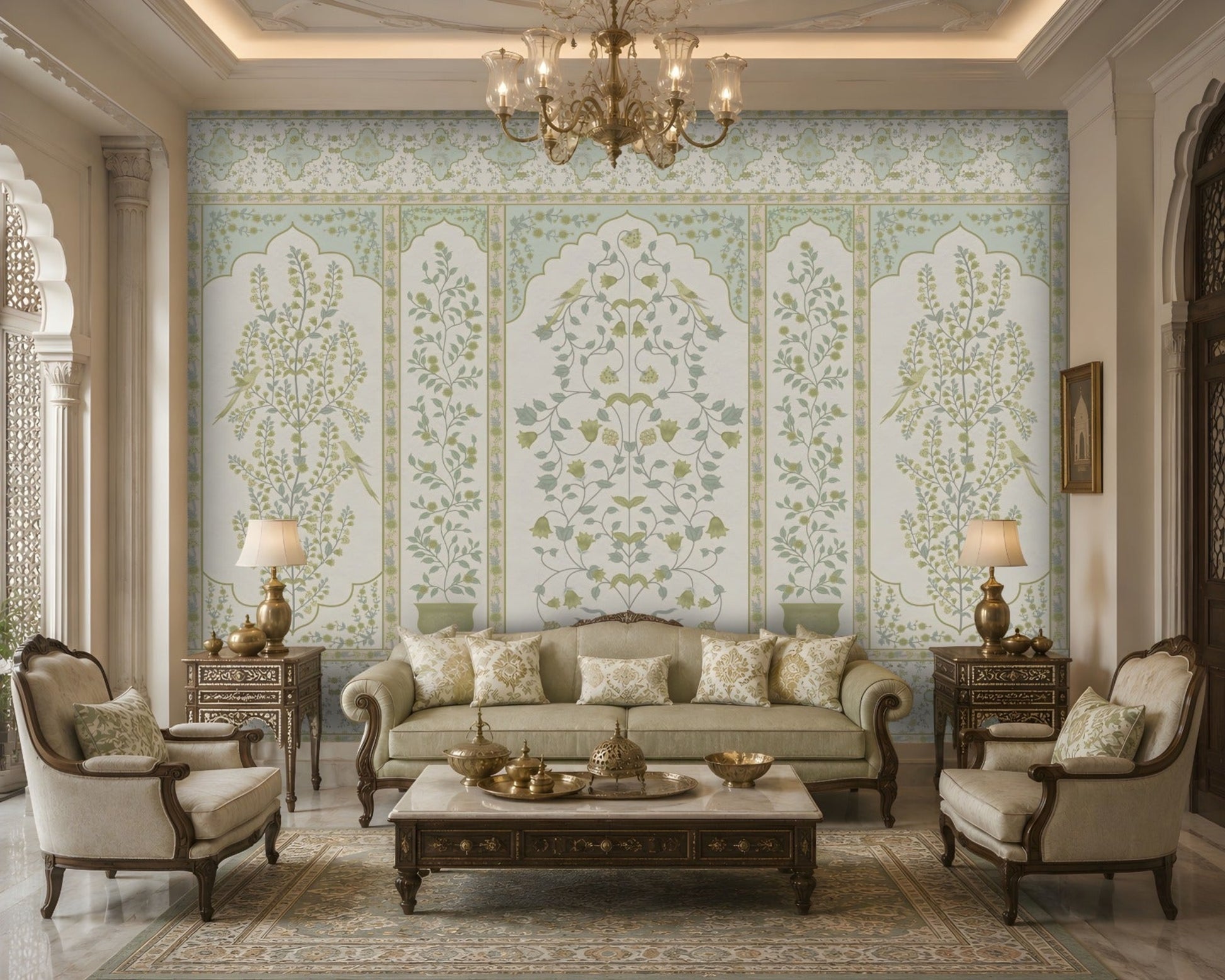 Elegant living room showcasing a sage green and ivory Gulmohar floral wallpaper with Mughal-inspired botanical panels, delicate bird motifs, and heritage detailing. The sophisticated wallpaper complements classic upholstered furniture, ornate wooden accents, warm lighting, and luxurious Indian-inspired interiors.