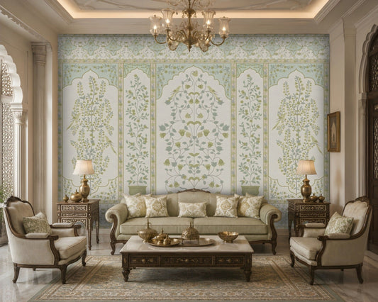 Elegant living room showcasing a sage green and ivory Gulmohar floral wallpaper with Mughal-inspired botanical panels, delicate bird motifs, and heritage detailing. The sophisticated wallpaper complements classic upholstered furniture, ornate wooden accents, warm lighting, and luxurious Indian-inspired interiors.