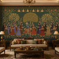 Nikunj Leela Peacock Green Heritage Wall Mural featuring Radha Krishna Raas Leela, traditional Pichwai-inspired artwork with antique gold floral trees, gopis, birds, and Indian heritage motifs in a luxury living room.