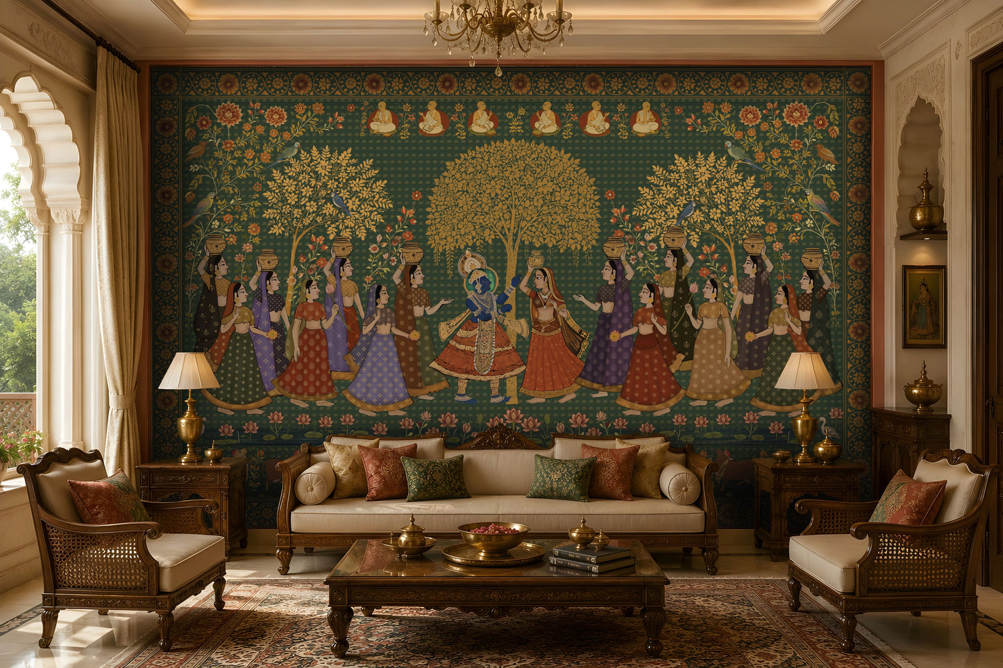 Nikunj Leela Peacock Green Heritage Wall Mural featuring Radha Krishna Raas Leela, traditional Pichwai-inspired artwork with antique gold floral trees, gopis, birds, and Indian heritage motifs in a luxury living room.