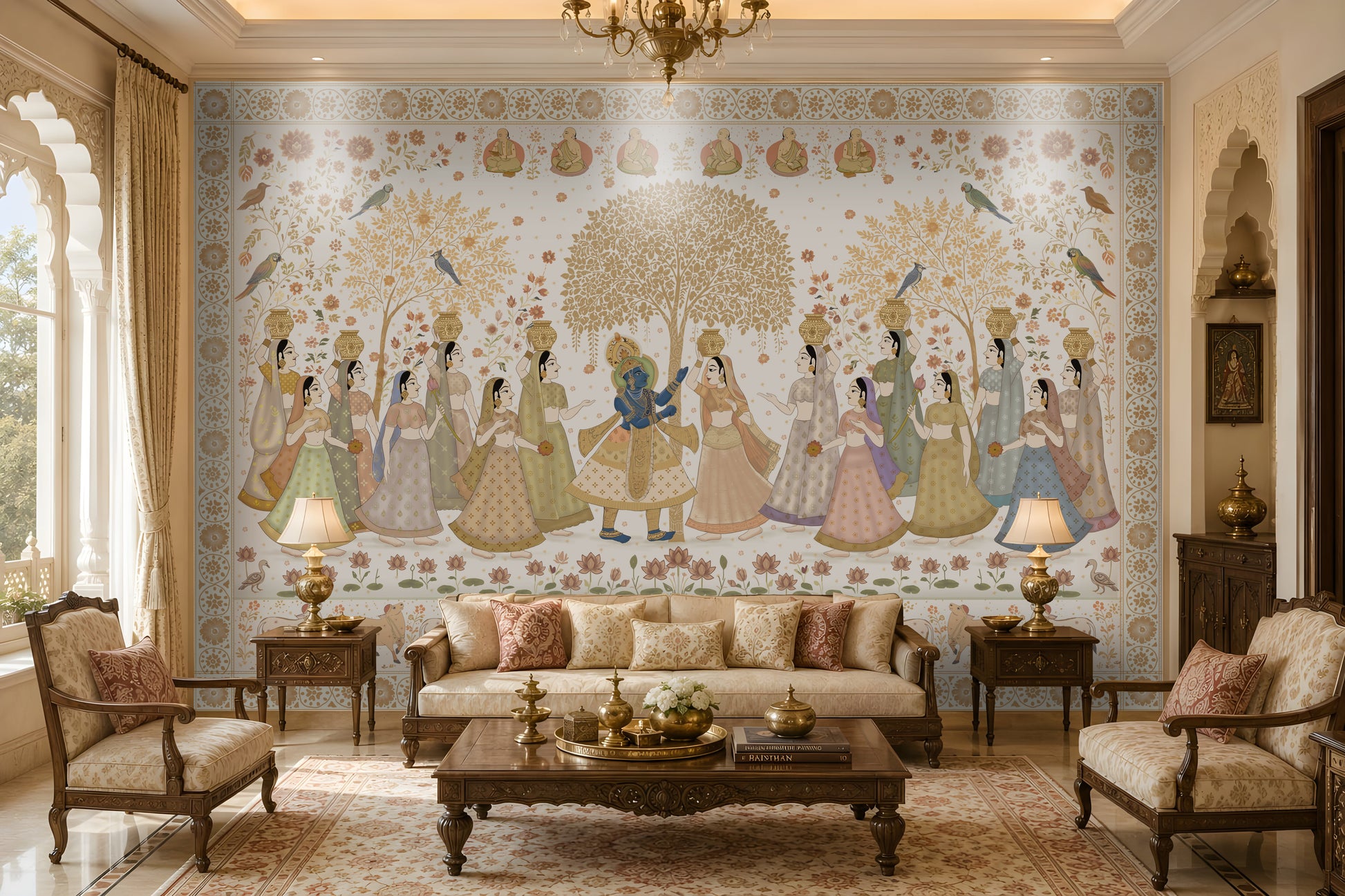 A spacious, elegant living room features a large hand-painted mural inspired by traditional Indian miniature art. At the center, Krishna dances beneath a golden tree surrounded by women in pastel lehengas carrying decorative pots, with birds, flowers, and ornate borders filling the scene. The room is furnished with carved dark wood sofas, matching armchairs, brass table lamps, a wooden coffee table with decorative accents, and a cream patterned rug. Arched windows, intricate wall niches