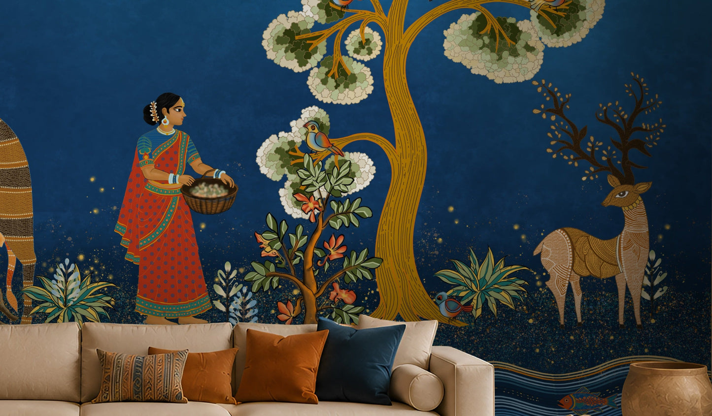 Traditional Gond Art wallpaper in royal blue featuring hand-painted Indian folk art with trees, birds, wildlife, and village life, displayed as a luxury living room feature wall.