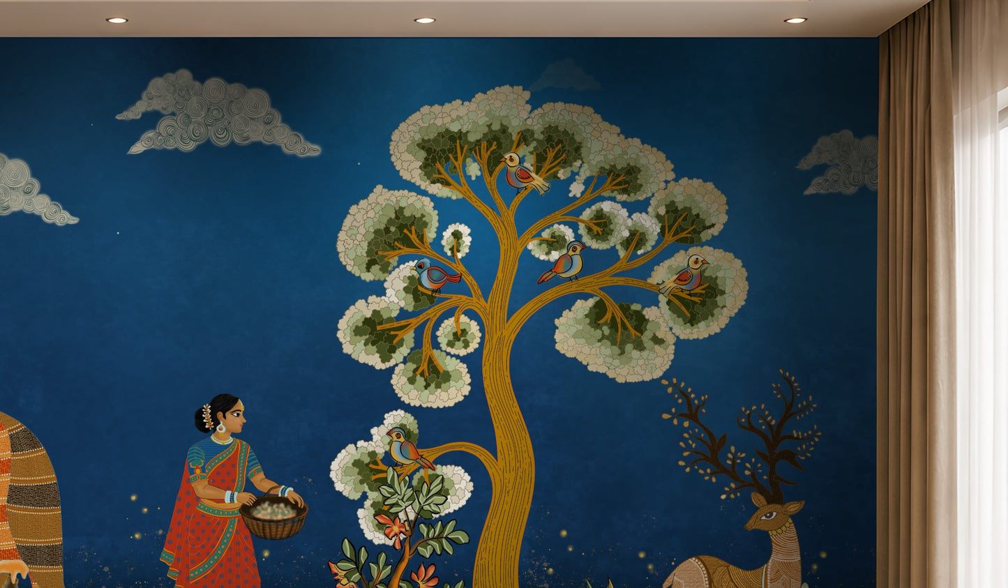 Traditional Gond Art wallpaper in royal blue featuring hand-painted Indian folk art with trees, birds, wildlife, and village life, displayed as a luxury living room feature wall.
