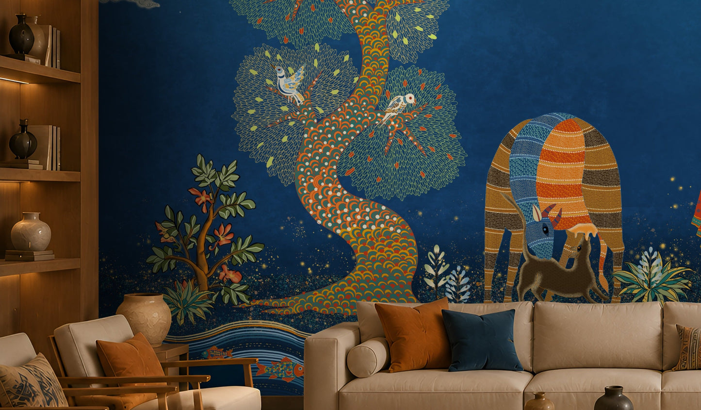 Traditional Gond Art wallpaper in royal blue featuring hand-painted Indian folk art with trees, birds, wildlife, and village life, displayed as a luxury living room feature wall.