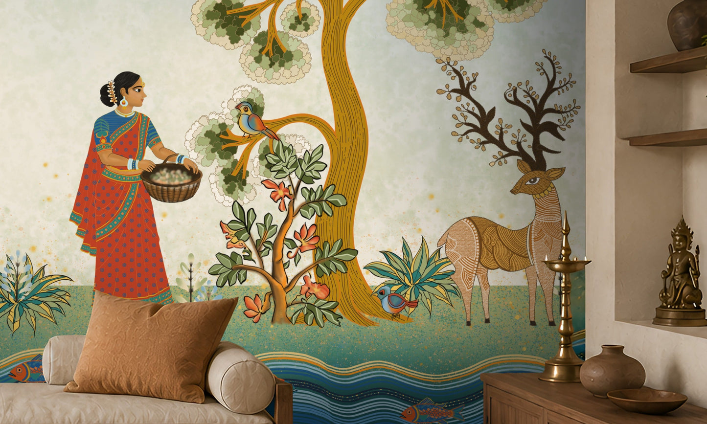 Traditional Gond Art wallpaper mural featuring hand-painted Indian folk art with colorful trees, birds, deer, cattle, and a village woman on a soft ivory background, showcased in a warm contemporary living room with natural wood furniture and earthy décor.