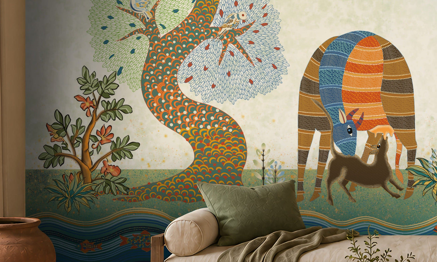 Traditional Gond Art wallpaper mural featuring hand-painted Indian folk art with colorful trees, birds, deer, cattle, and a village woman on a soft ivory background, showcased in a warm contemporary living room with natural wood furniture and earthy décor.