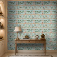 "Indian heritage wallpaper featuring elegant palace arches, lush palm trees, and royal female figures on a soft Palace Sky Blue background, creating a timeless Mughal-inspired wall décor for luxury interiors."
