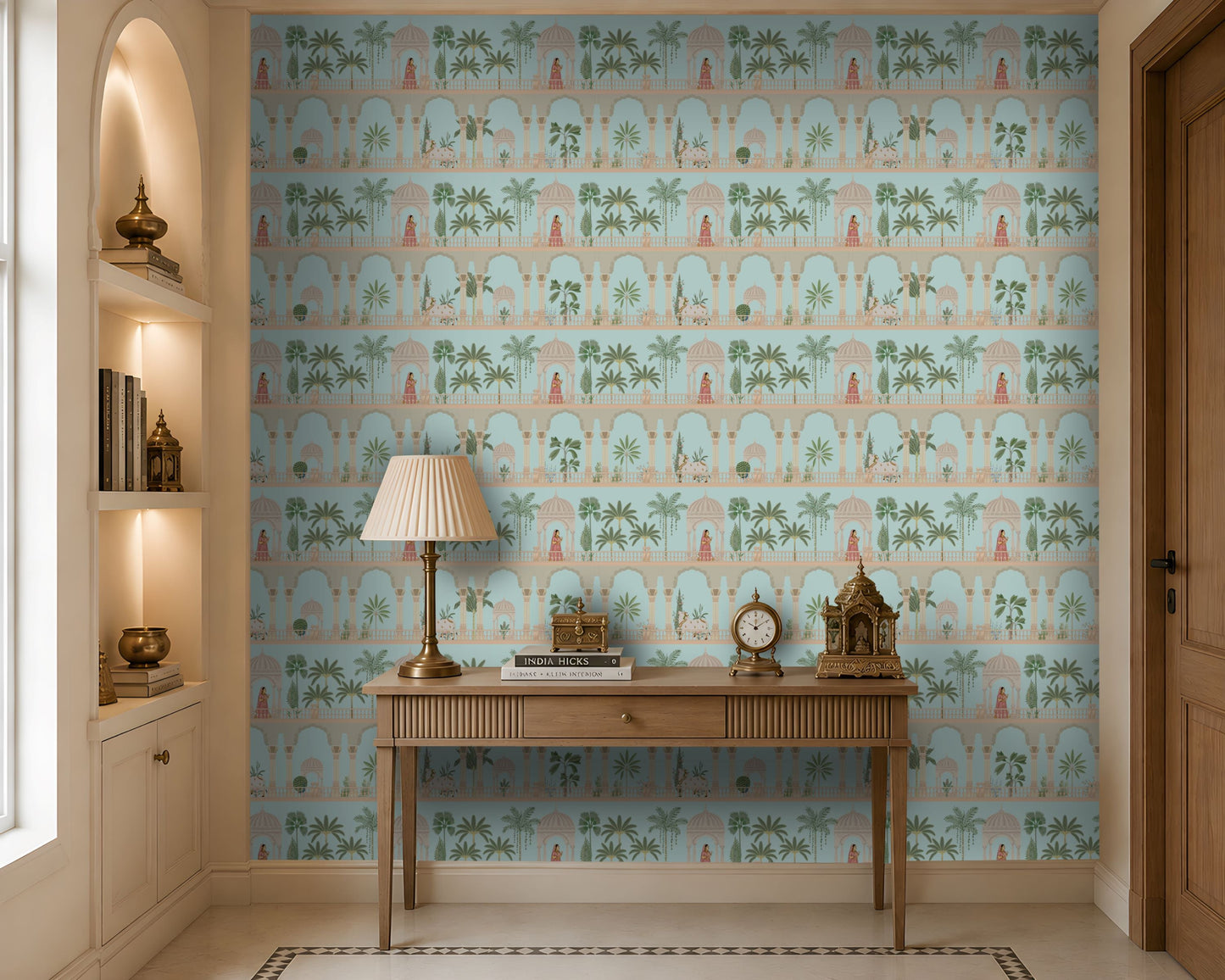 "Indian heritage wallpaper featuring elegant palace arches, lush palm trees, and royal female figures on a soft Palace Sky Blue background, creating a timeless Mughal-inspired wall décor for luxury interiors."
