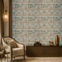 Royal Courtyard Reverie Wallpaper in Ivory Sage featuring elegant Indian palace arches, domed pavilions, lush botanical motifs, and heritage-inspired architecture, creating a sophisticated luxury wall mural for living rooms, bedrooms, hallways, and boutique interiors.