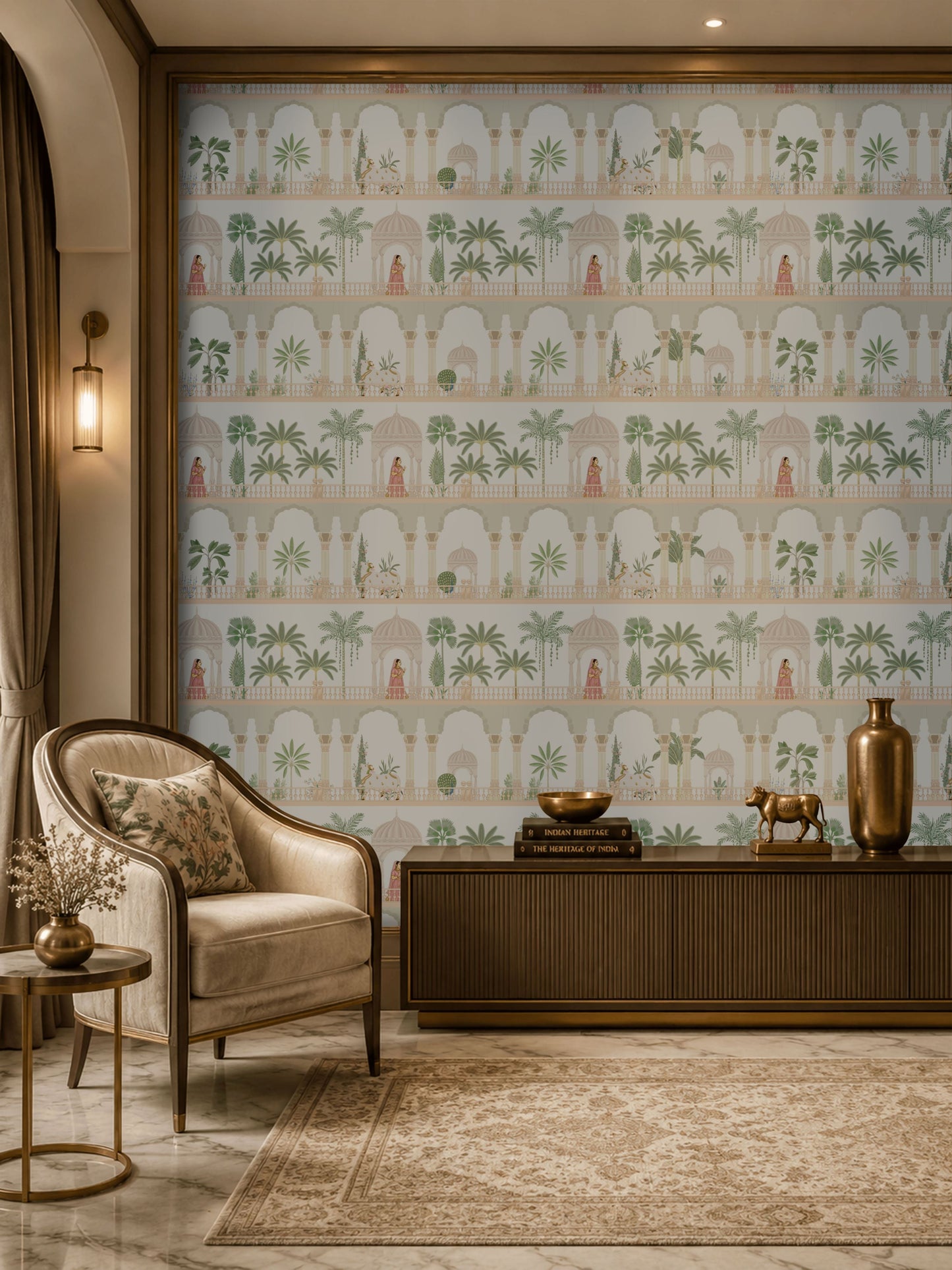 Royal Courtyard Reverie Wallpaper in Ivory Sage featuring elegant Indian palace arches, domed pavilions, lush botanical motifs, and heritage-inspired architecture, creating a sophisticated luxury wall mural for living rooms, bedrooms, hallways, and boutique interiors.