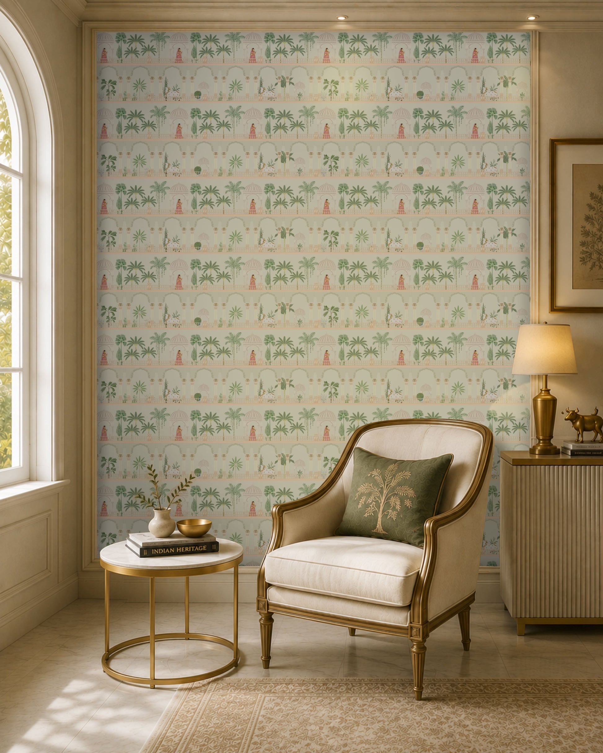 A serene sitting area features a feature wall covered in soft ivory wallpaper with a repeating Mughal-inspired pattern of arches, domed pavilions, palm trees, and figures in traditional attire in muted green and blush tones. In front of the wallpaper, a cream upholstered accent chair with brass trim is paired with a round white-and-gold side table holding a small vase, brass bowl, and stacked books. A ribbed cabinet with a brass table lamp and decorative figurine sits to the side