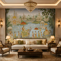 Royal Temple Procession Wallpaper in Heritage Gold featuring majestic Indian temples, elephant procession, lotus lake, swans, lush gardens, and traditional palace-inspired wall mural for luxury interiors.