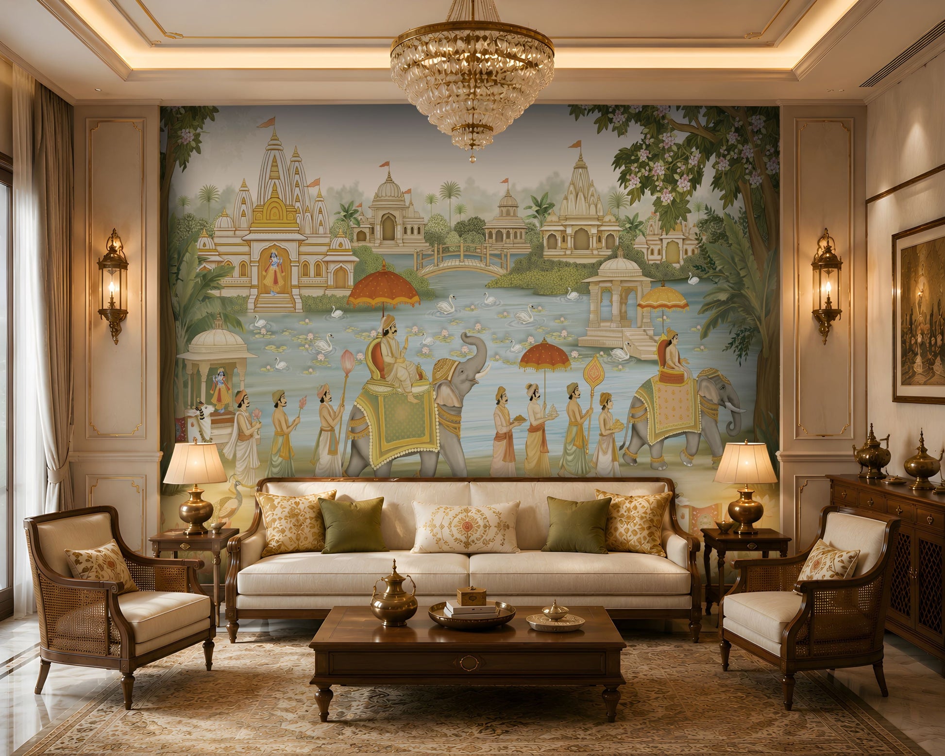 Royal Temple Procession Wallpaper in Heritage Gold featuring majestic Indian temples, elephant procession, lotus lake, swans, lush gardens, and traditional palace-inspired wall mural for luxury interiors.