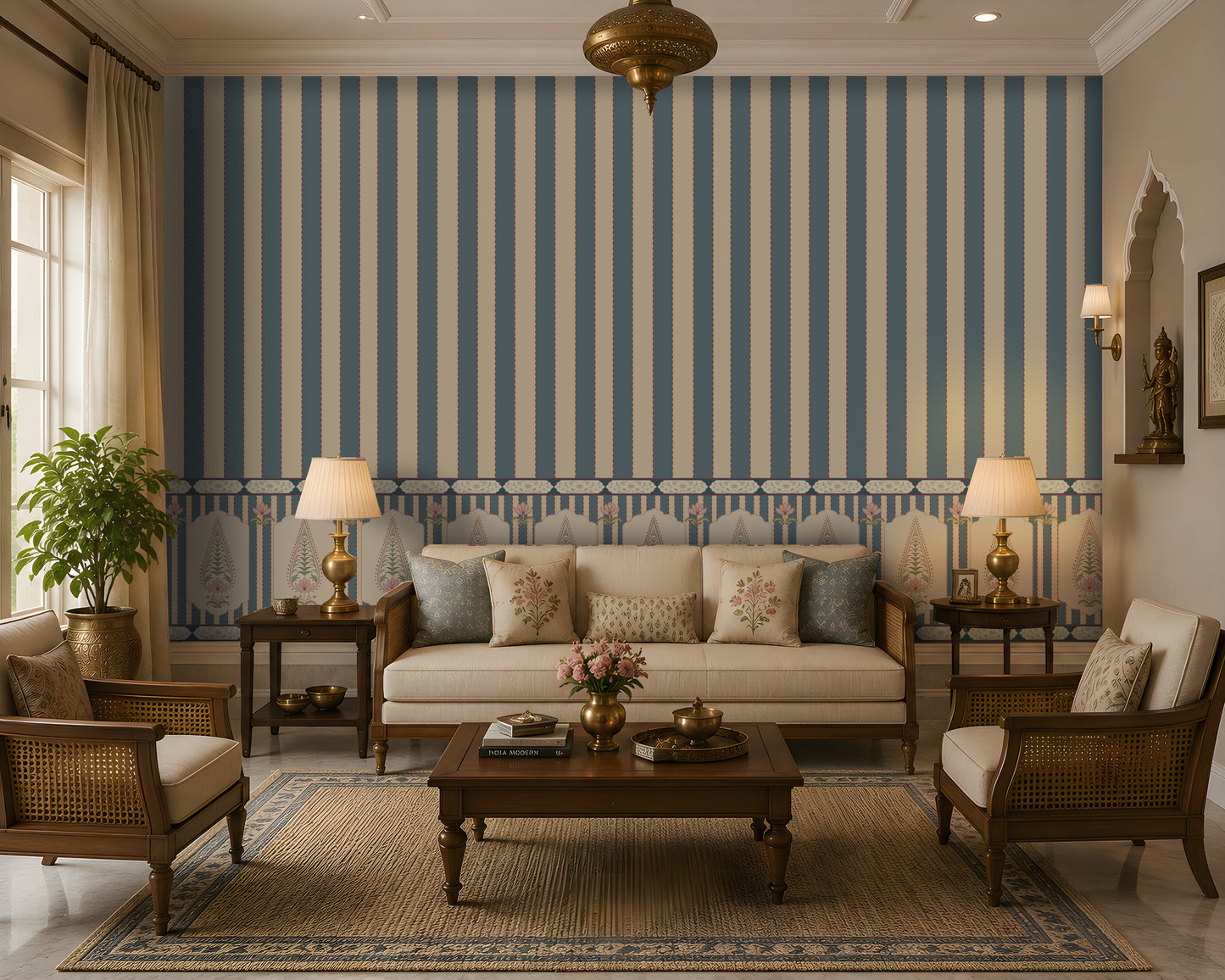 Elegant sage-blue and ivory striped Indian-inspired wall mural in a luxurious traditional living room with classic wooden furniture and brass accents.