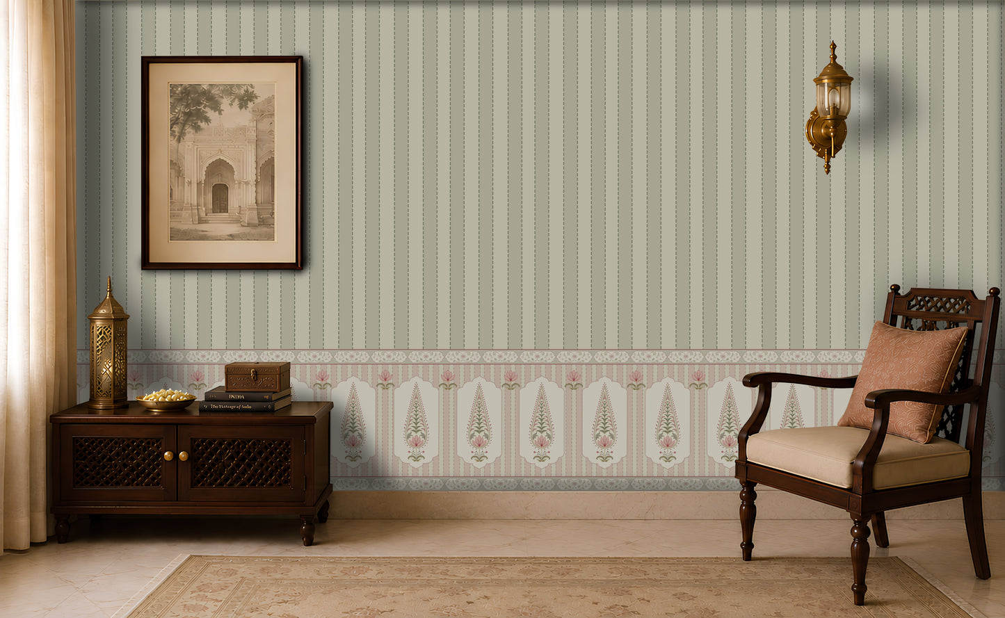 Elegant vintage-inspired sitting room with sage green vertically striped wallpaper, ornate patterned wainscoting, a framed architectural print, brass wall sconces, a dark wooden sideboard with decorative objects, and a carved wooden armchair with a beige cushion and patterned pillow.
