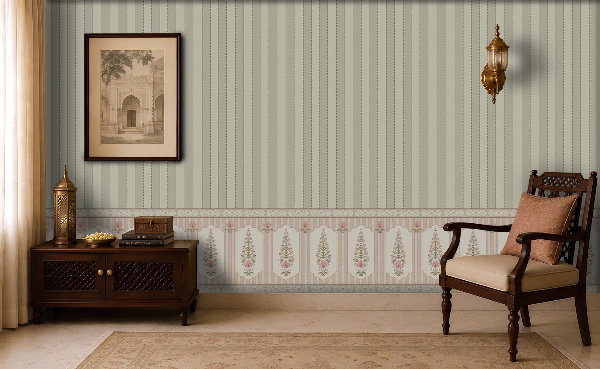 Elegant vintage-inspired sitting room with sage green vertically striped wallpaper, ornate patterned wainscoting, a framed architectural print, brass wall sconces, a dark wooden sideboard with decorative objects, and a carved wooden armchair with a beige cushion and patterned pillow.
