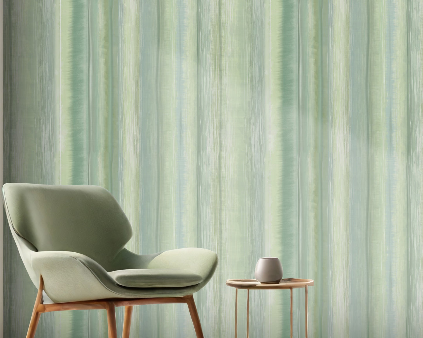 Modern sage green abstract wallpaper with soft vertical brushstroke texture, ideal for living rooms and contemporary interiors