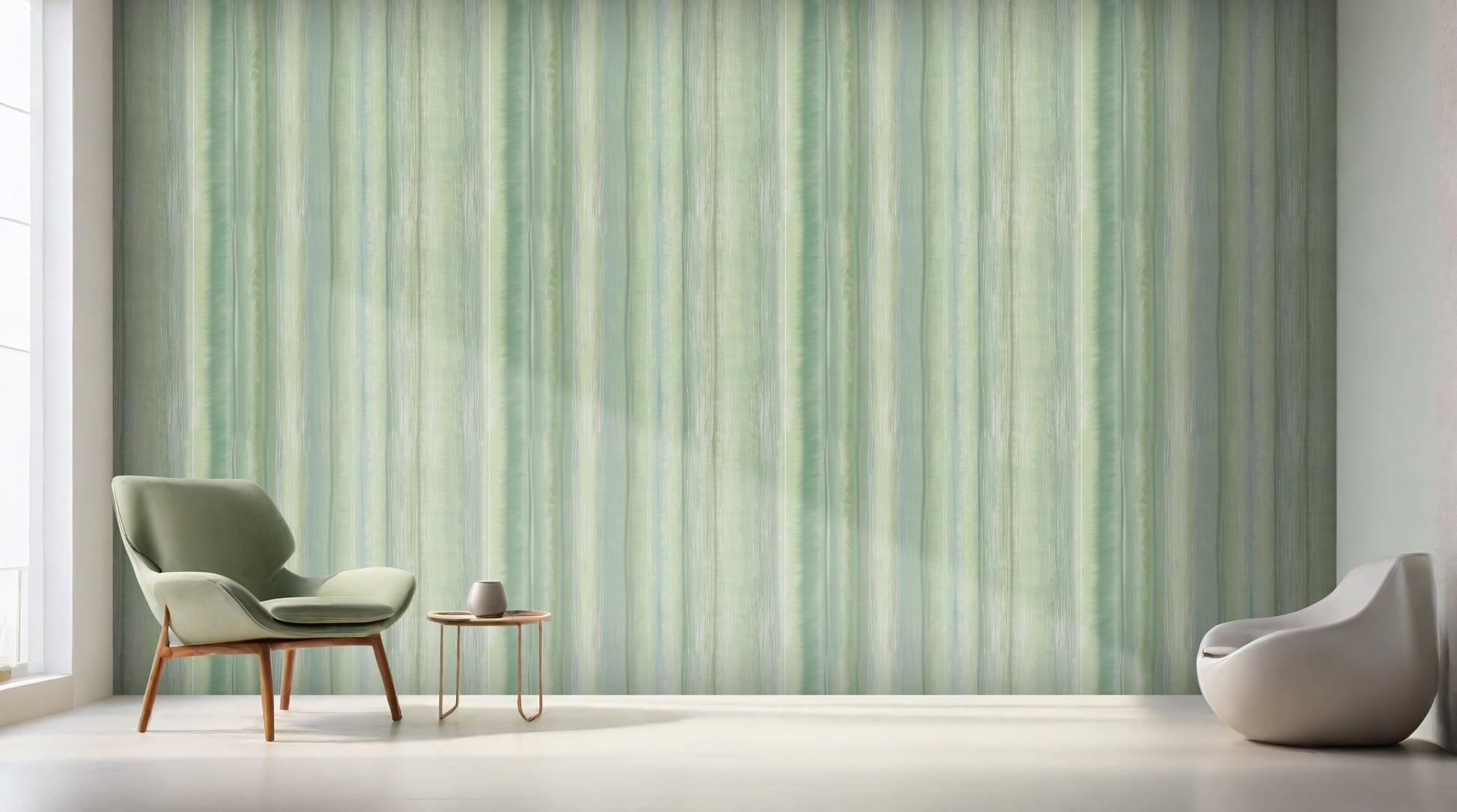 Modern sage green abstract wallpaper with soft vertical brushstroke texture, ideal for living rooms and contemporary interiors