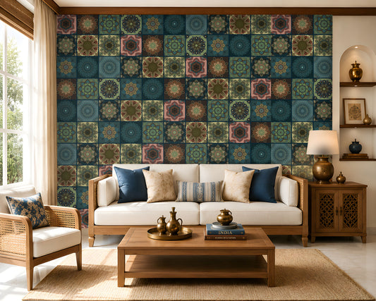 288_DA Mandala Fusion Fantasy Heritage Collection Wallpaper, Peacock Blue