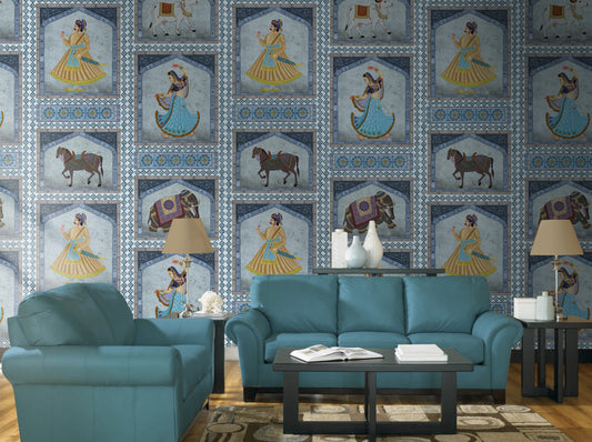Regal-Blue,  indian vintage rajput motif wallpaper printed on linen fabric