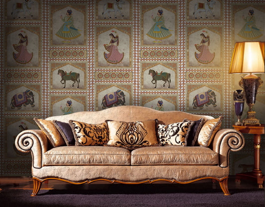 Rustic-Ochre, indian vintage rajput motif wallpaper printed on linen fabric