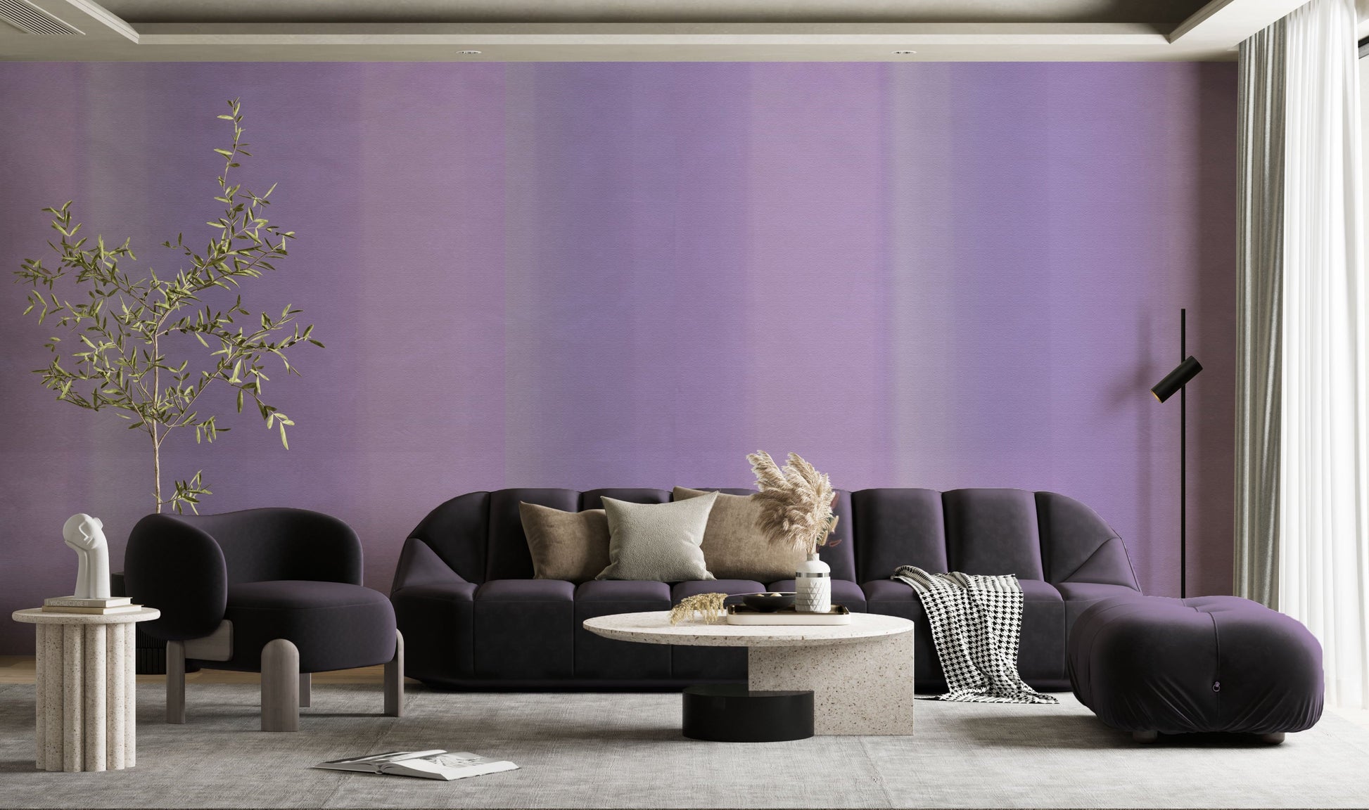 Soft Lavender watercolour stripes wallpaper in living room. Living room wallpaper.