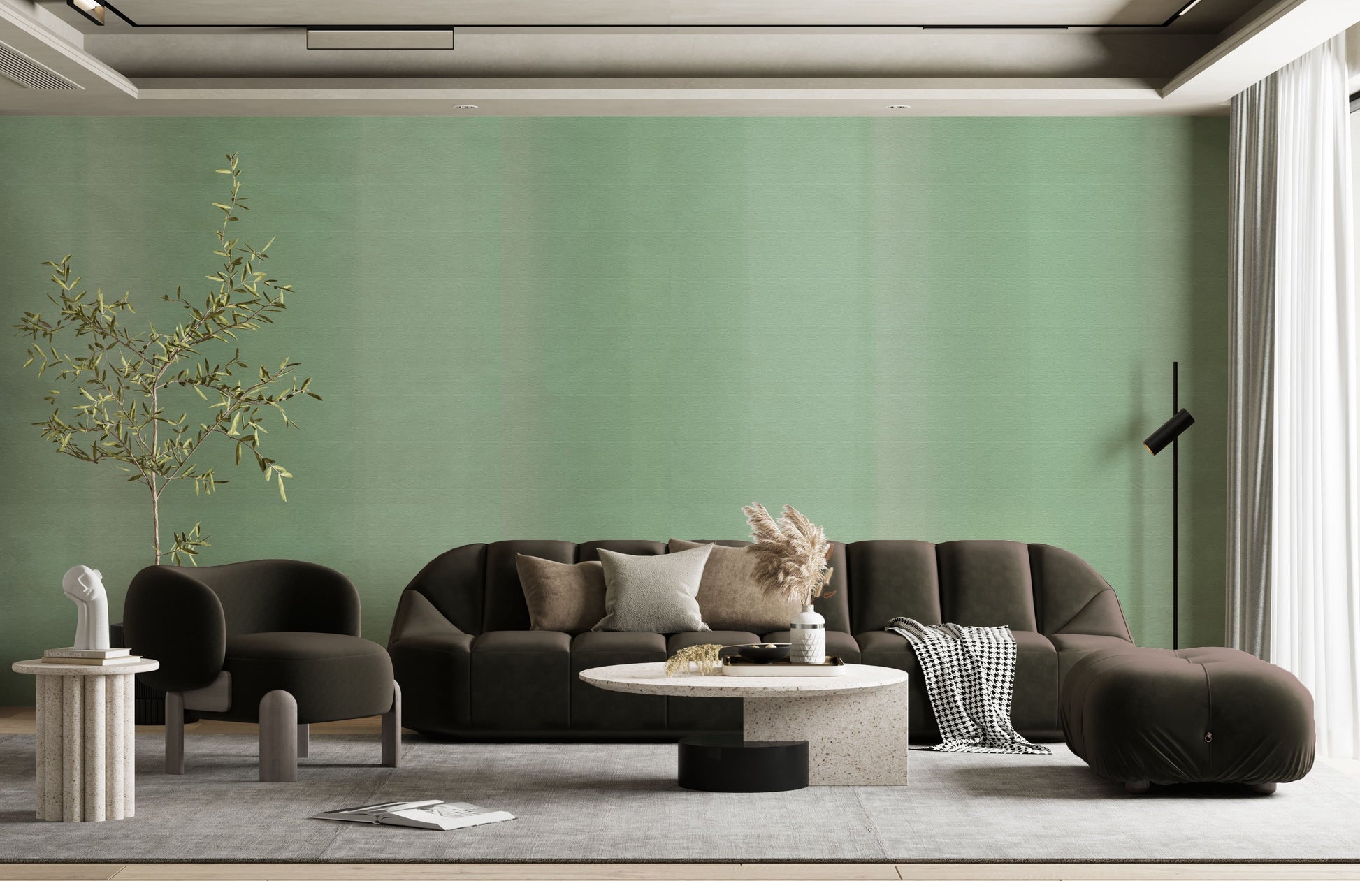 Pastel Green, water colour stripes wallpaper in a living room. Wallpaper for living room. Wallpaper for bedroom.