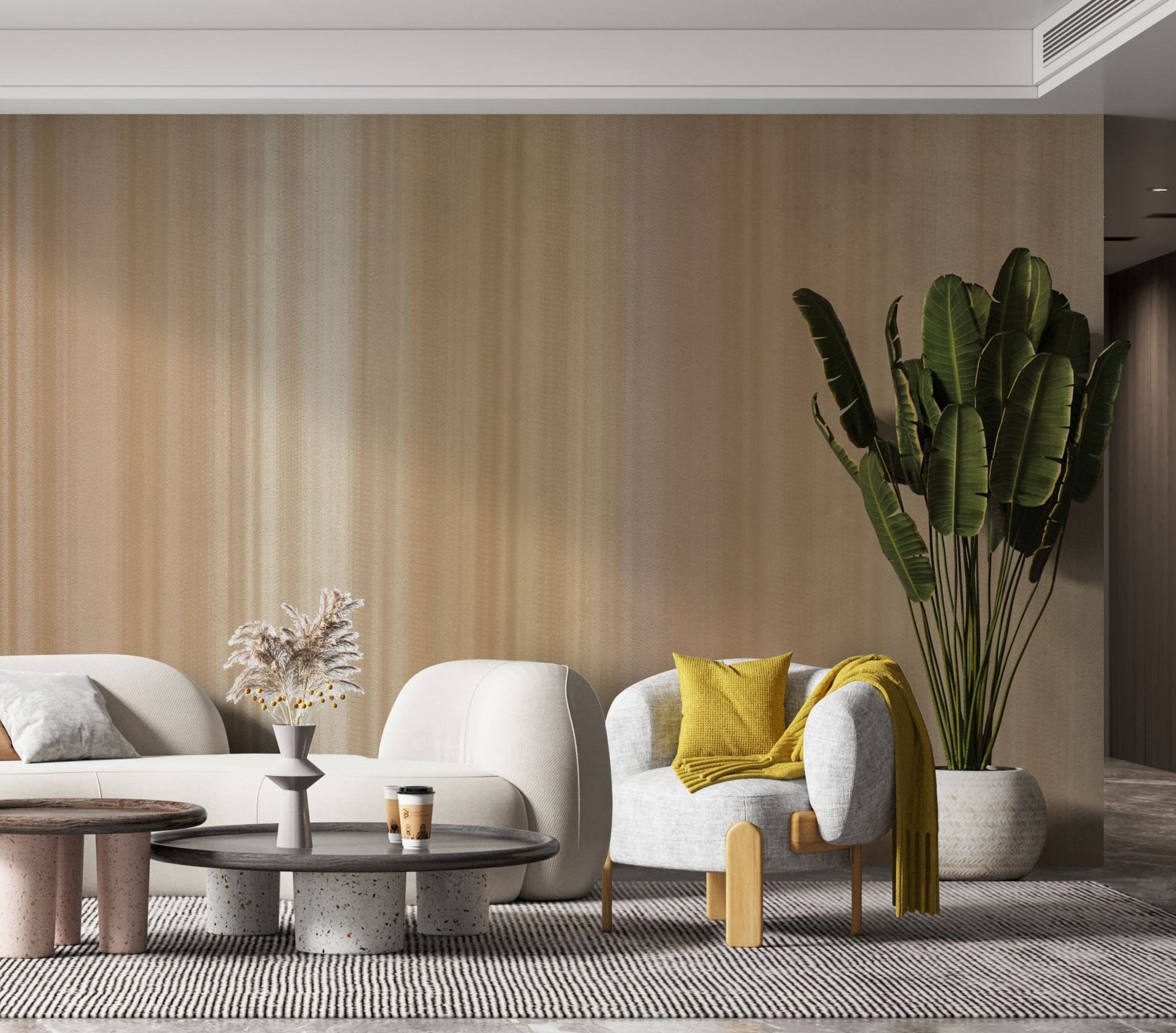 Latte Beige, water colour stripes wallpaper in a living room. Wallpaper for living room. Wallpaper for bedroom.