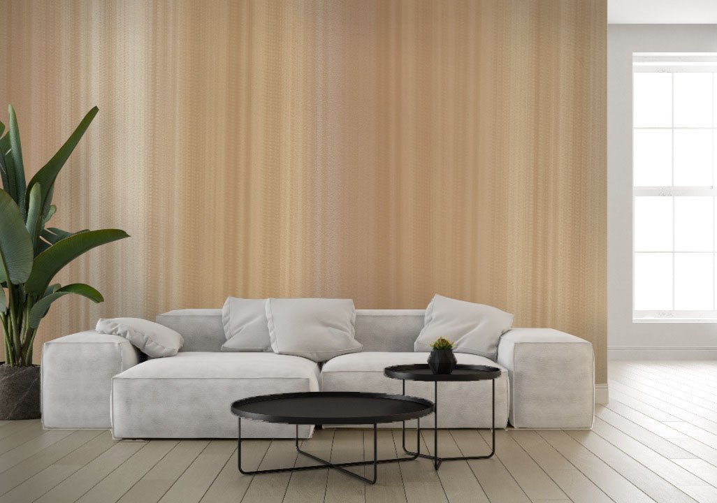 Latte Beige, water colour stripes wallpaper in a living room. Wallpaper for living room. Wallpaper for bedroom.