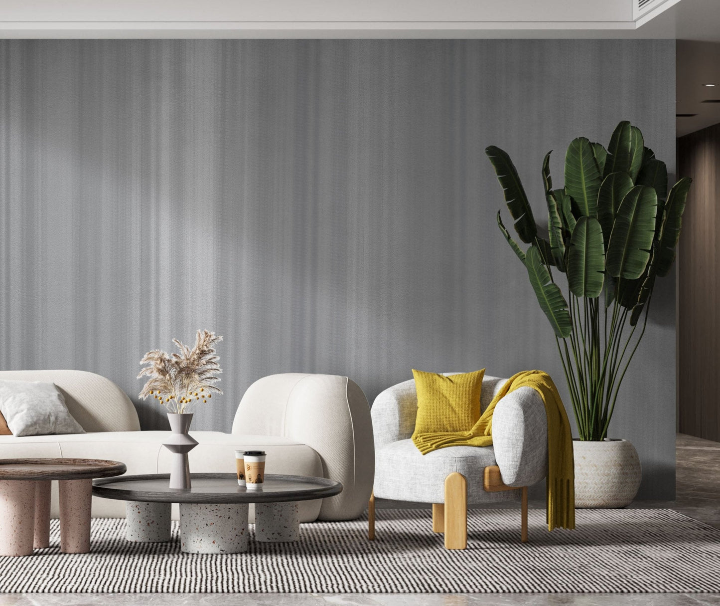 Cloudy Grey, water colour stripes wallpaper in a living room. Wallpaper for living room. Wallpaper for bedroom.