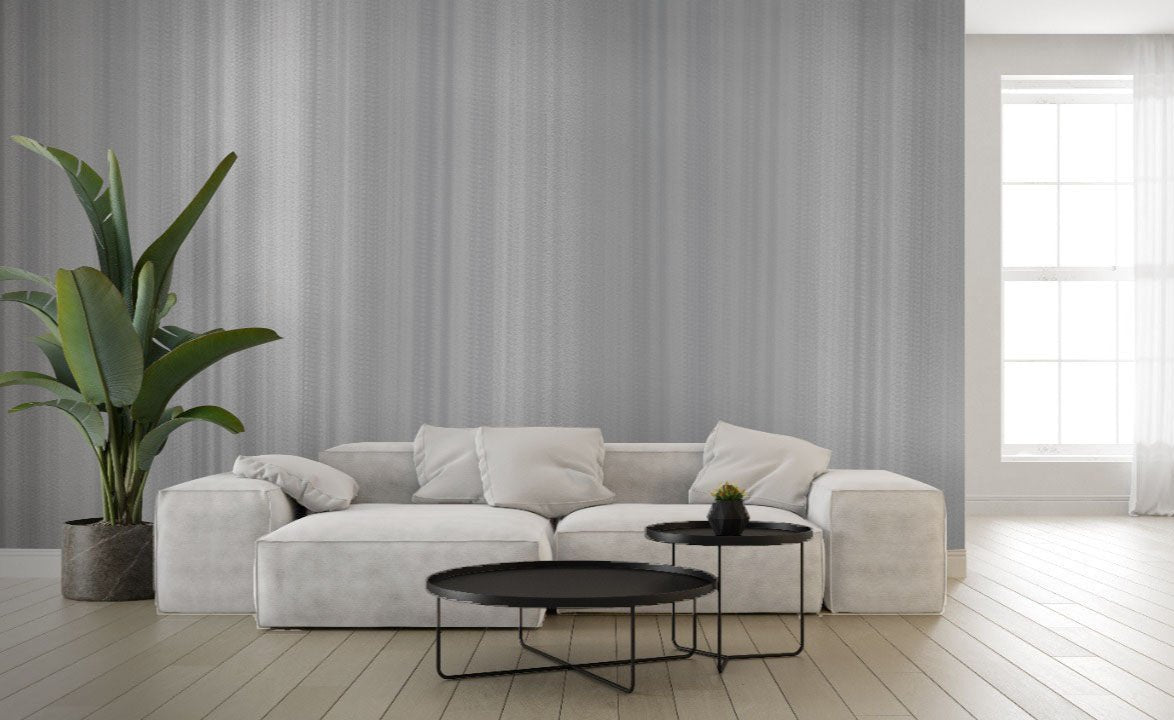 Cloudy Grey, water colour stripes wallpaper in a living room. Wallpaper for living room. Wallpaper for bedroom.