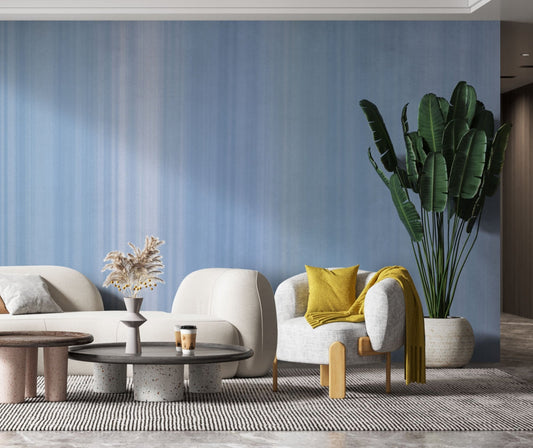 Iceberg Blue, water colour stripes wallpaper in a living room. Wallpaper for living room. Wallpaper for bedroom.