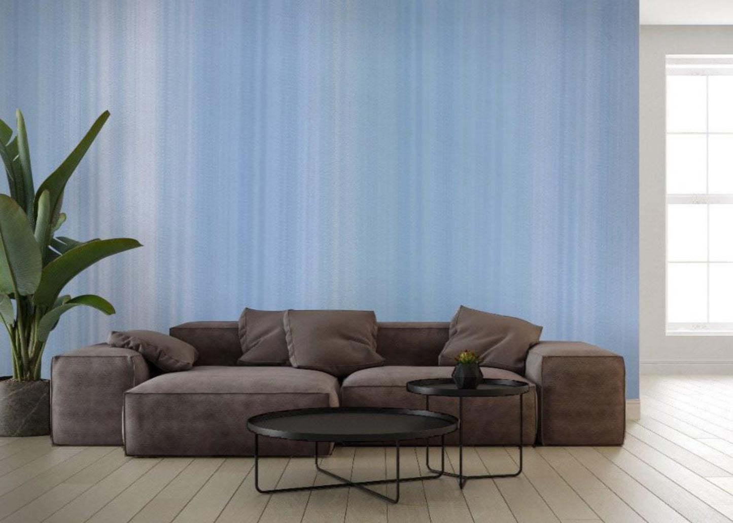 Iceberg Blue, water colour stripes wallpaper in a living room. Wallpaper for living room. Wallpaper for bedroom.