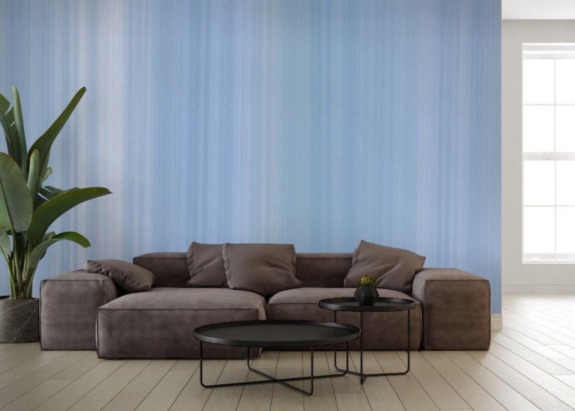Iceberg Blue, water colour stripes wallpaper in a living room. Wallpaper for living room. Wallpaper for bedroom.