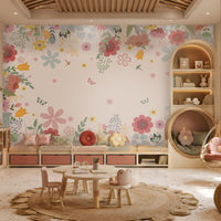 Serene pink blossom mural wallpaper elegant floral wall design in modern living room.